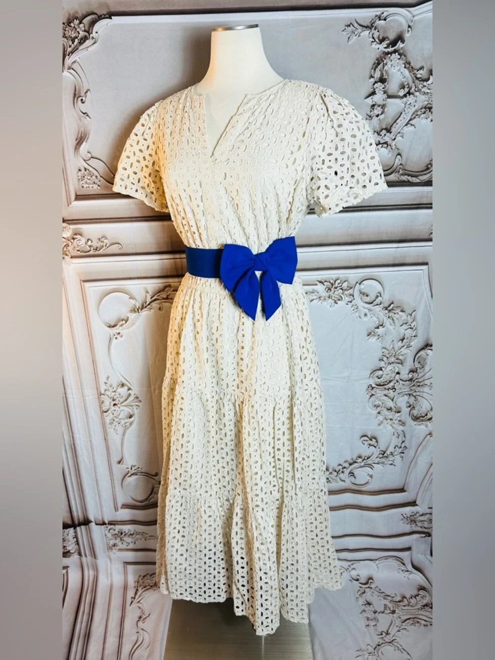 White Eyelet Maxi Dress with Royal Blue Bow Belt - Picture 2 of 13